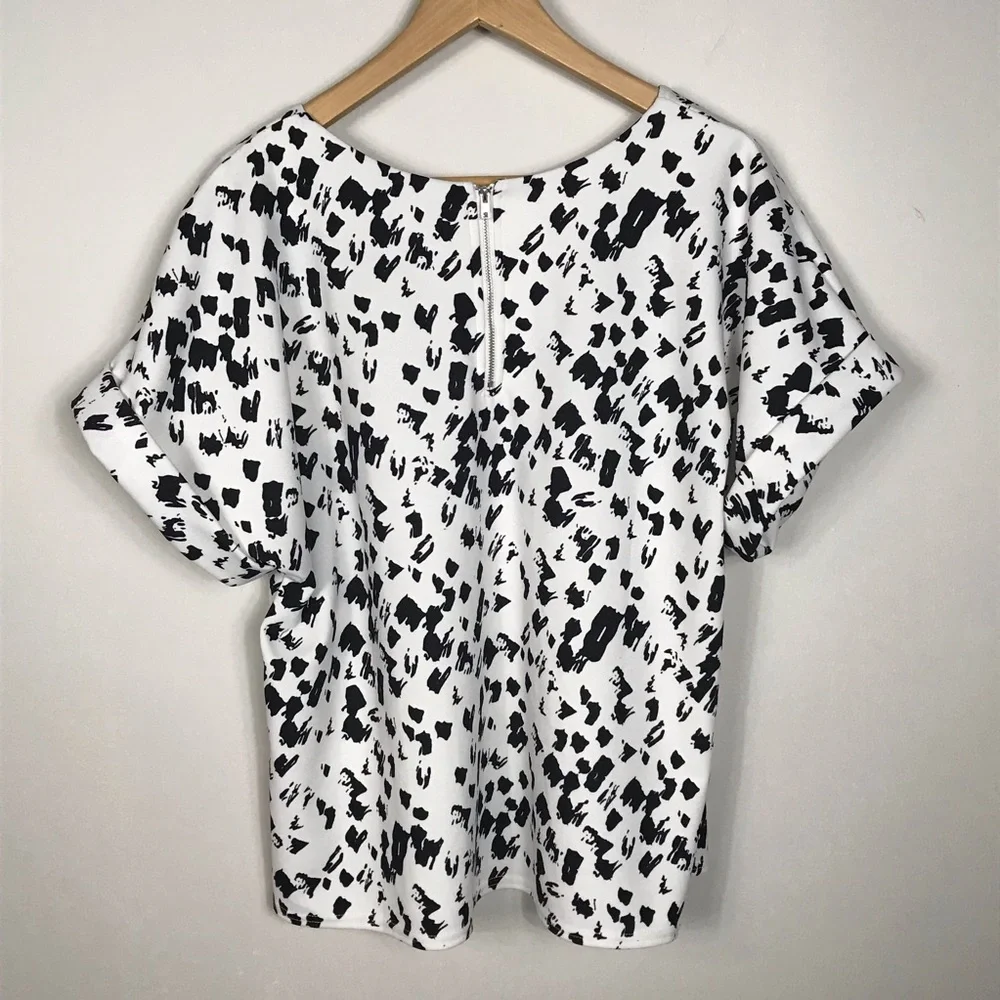 Melloday Short Sleeve Stretch Blouse Top White Black Print Size XL - Picture 4 of 11